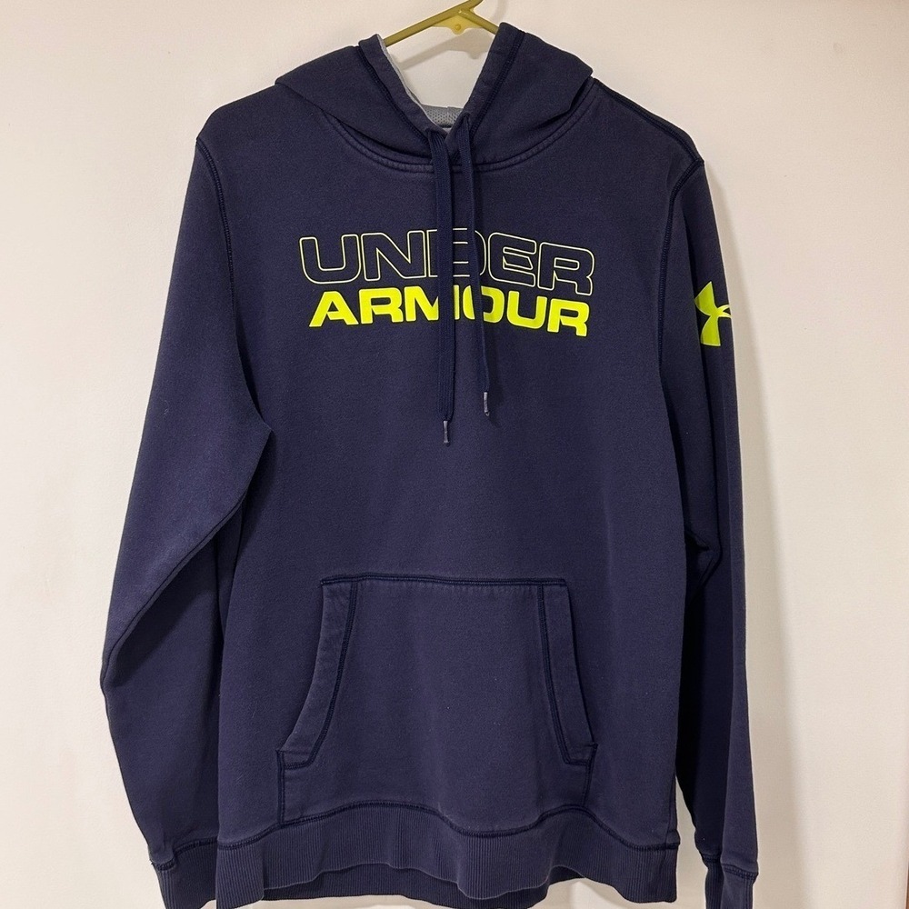 Under Armour Rival Fleece Hoodie Mens Medium Navy Blue Neon Yellow Logo | Sport‎